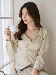 DAZY Áo cánh dài tay cài nút phía trước màu trơn dành cho nữ, trang phục thường ngày, trang phục mùa thu - Màu be - Xem 8