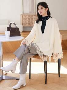 DAZY Women's Oversized V-Neck Tassel Relaxed Knit Sweater Fall