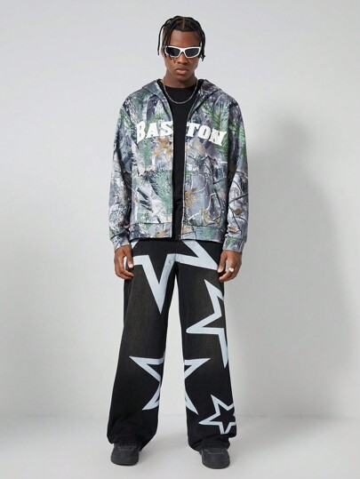 Street Life Sweat-shirt à capuche zippé pour homme imprimé de lettres, de camouflage et de branches fanées pour l'automne