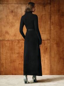 MOTF PREMIUM SOLID HIGH NECK FLARE HEM SWEATER DRESS WITH BUCKLE BELT