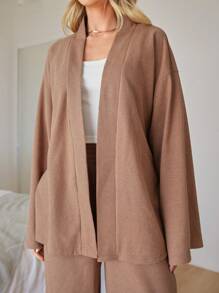 RueChic Women's Solid Color Drop Shoulder Long Sleeve Open Front Jacket And Pants Casual Loose 2 Piece Set - Camel - View 5