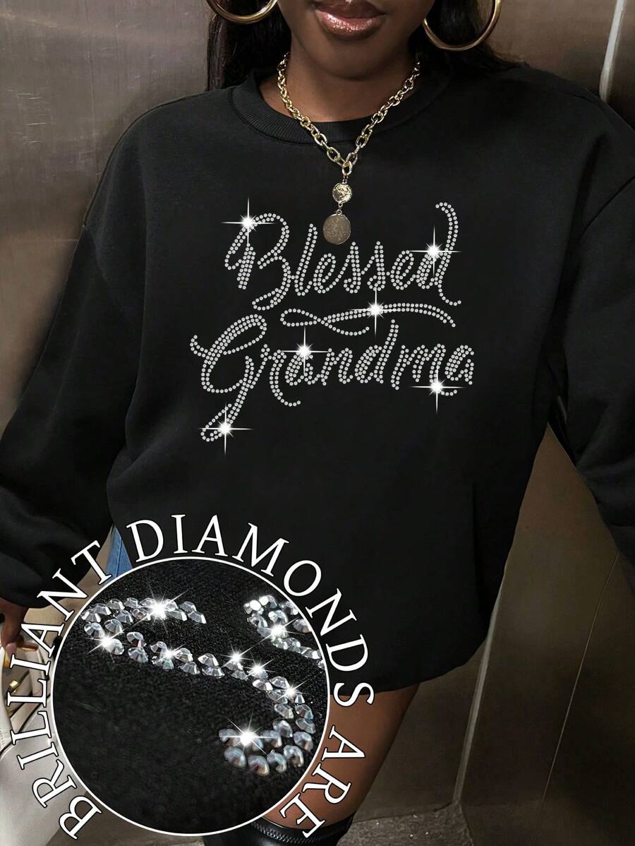 Maweii Plus Size Women's Letter Grandma Pattern Hot Diamond Decoration Sweatshirt, Casual Long Sleeve Round Neck Pullover Sweatshirt,Fall/Winter