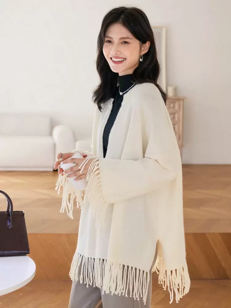 Women's Oversized V-Neck Tassel Relaxed Knit Sweater Fall