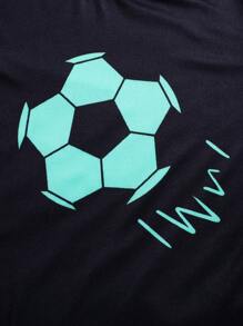 SHEIN Conjunto de pijama de 4 piezas para niño preadolescente con top de manga larga raglán con gráfico de fútbol fluorescente de cuello redondo y pantalones ajustados y cómodos