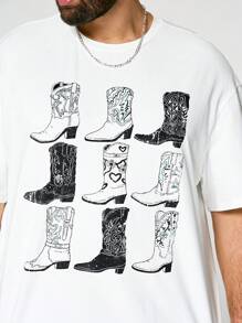 Mainfolk Plus Size Men Casual Denim Boots Print T-Shirt And Pants Set - Black and White - View 2