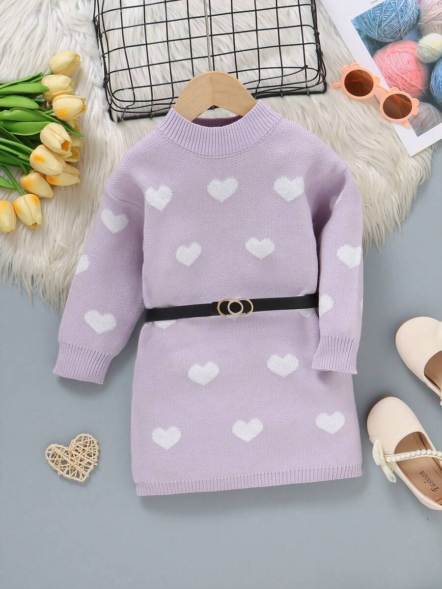 Girls' Casual Cute Heart Pattern Khaki Long Sleeve Sweater Dress - Dusty Purple - View 1
