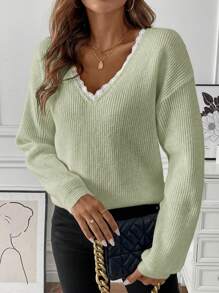 SHEIN LUNE V-hals kant patchwork strik decor casual all-match lange mouw pullover trui