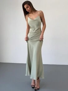 Aloruh Đầm dài hở lưng cổ xếp nếp cho nữ có họa tiết hoa 3D, thanh lịch - Màu be - Xem 2