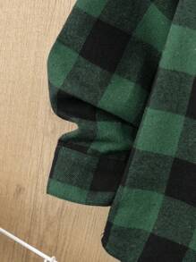 1 件 Tween Boy 牛津休闲日常舒适海军蓝和黑色格子连帽宽松长袖衬衫，适合外出、学校、聚会、秋冬、圣诞节、冬季 - 墨綠色 - 查看 4