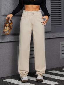 INAWLY Women's Solid Color Paper Bag Waist Pocket Casual Versatile Jeans - Khaki - View 1