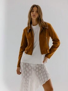 Aralina Dubbad krage Zip-Up Faux mocka Cropped Fashion Jacka