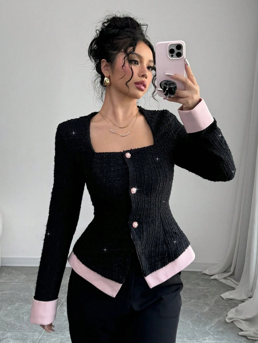 Elenzga Elegant Square Collar Color Block Single Breasted Long Sleeve Jacket For Women - Black - View 1