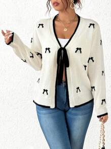 Flirla Cardigan de Malha com Mangas Longas e Bordado de Borboleta, Estilo de Design, Casaco de Inverno/Outono com Laços para Mulheres, Cardigan Feminino com Laços - Branco - Visão 5