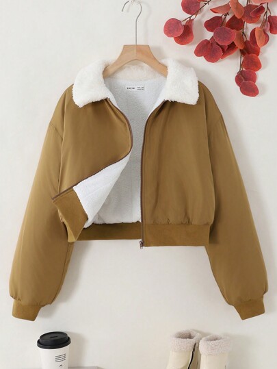 SHEIN Teen Girls Contrast Color Short Plush Collar Thickened Warm Casual Jacket, Versatile For Winter