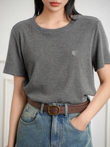 Dazy-Less 刺绣心形图案短袖休闲圆领T恤，女士商务休闲 - 灰色 - 查看 9