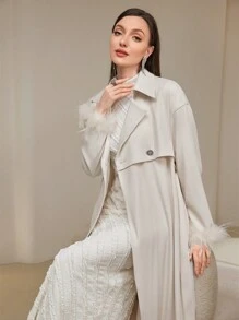 Modelyn 秋冬女士优雅通勤纯色双排扣风衣 - 杏色 - 查看 5