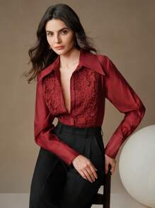 Anewsta Women's Elegant Lace Floral Applique Collar See-Through Loose Casual Shirt Blouse - Redwood - View 3