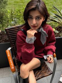 DAZY 格子蝴蝶结领宽松长袖保暖内衬女式圆领卫衣，秋季女装嘉年华 - 酒紅色 - 查看 7