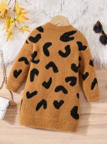 Young Girl And Young Girl Leopard Intarsia Crew Neck Mid-Length Sweater, Casual Autumn/Winter Outfit - Brown - View 2