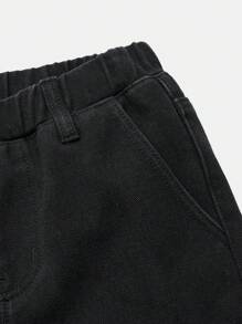 SHEIN 青少年男童时尚休闲黑色牛仔裤，内衬保暖，工装口袋设计，宽松裤腿，适合感恩节、日常穿着以及秋冬季节穿着。 - 黑色 - 查看 4