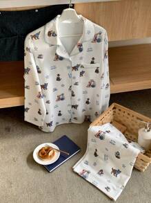 DAZY Cute Dog Allover Print Loose Pajama Set - White - View 1