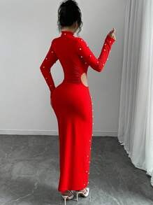 Rafferiza 全新设计博主珍珠镂空长款针织连衣裙新年服装超长款女装 - 紅色 - 查看 2