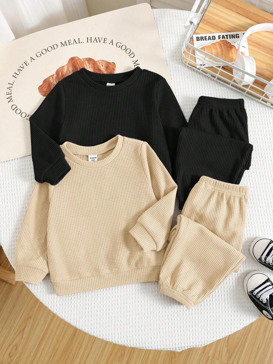 SHEIN Leap Crew Bộ 4 món đồ thể thao thường ngày cho bé trai, áo nỉ mềm mại thoải mái họa tiết tổ ong rộng rãi và quần rút dây, thích hợp mặc ở nhà và ngoài trời, mùa thu/đông - Nhiều màu - Xem 1