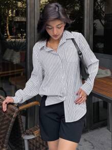 DAZY Casual Spring/Summer Striped Loose Long Sleeve Lapel Collar Blouse For Women,Fall Clothes Preppy Tops - White - View 5