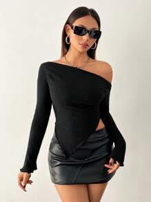 SHEIN PETITE Women's Two-Piece Brushed Knitted Off-The-Shoulder Asymmetric Hem T-Shirt Set, Black + Gray, Suitable For Autumn And Winter
