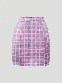 SHEIN Explorewe Jupe mini douce à motif cœur à carreaux pour la Saint-Valentin pour les adolescentes