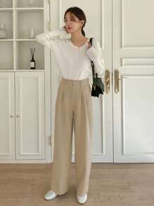 DAZY 女士商务休闲纯色直筒正装裤 - 卡其色 - 查看 3