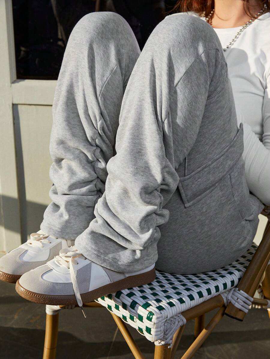 SHEIN Explorewe Teen Girl Street Fashion Pleated Drawstring Design Thick & Warm Long Jogger Baggy Sweatpants, Autumn/Winter