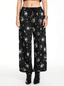 ROMWE Hippie 女士星月全印花休闲裤，适合日常穿着的休闲裤 - 黑色 - 查看 7