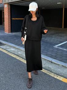 DAZY 2pcs Women Solid Color Hoodie Dress Set,Fall Clothes Lounge Sets For Women - Black - View 4