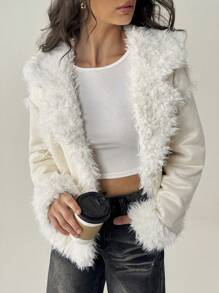 Forever 21 Women Casual Loose Twist Front Fluffy Trim Shoulder Drop Jacket For Autumn - Beige - View 7
