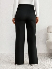 SHEIN Maternity Solid Color Adjustable Waist Straight Loose Casual Pants - Black - View 2