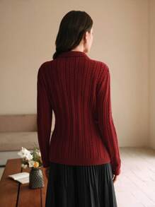 Anewsta Elegant Classic Polo Collar Pearl Embellished Knit Trim Fitted Warm T-Shirt Knit Top Cardigan - Burgundy - View 3