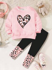 SHEIN 2pcs Casual Set For Young Girls: Heart Leopard Print Thick Crew Neck Long Sleeve Sweatshirt And Leggings, Suitable For Autumn/Winter