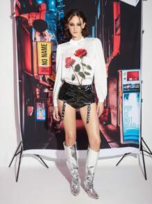 NO NAME Designer Women's Low Waist Wide Waistband Sexy Buckle Detail Black PU Western Shorts, For Holiday, Spring & Summer, Festival - Black - View 7