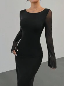 Muchica Solid Color Boat Neck Backless Mesh Contrast Elegant Long Sleeve Dress - Black - View 5