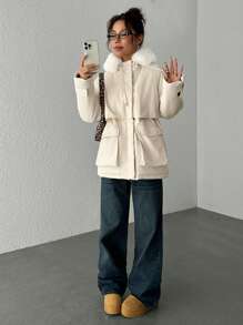 SHEIN EZwear 女式纯色插肩袖长袖毛茸茸连帽休闲棉服外套，冬季 - 米色 - 查看 7