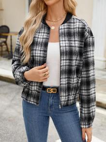 SHEIN Unity Women's Black & White Plaid Zip-Up Short Jacket - Black and White - View 5