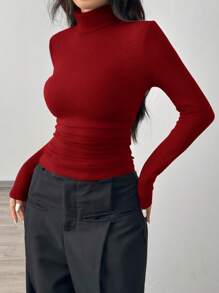 SHEIN EZwear Áo thun nữ tay dài cổ cao đơn giản màu trơn, dáng rộng, mặc thường ngày, đi làm, mặc vào mùa thu/đông - Màu Hoa hồng đỏ - Xem 8
