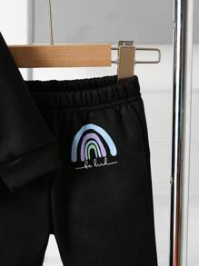 SHEIN 女婴加厚连帽休闲彩虹印花运动衫套装，秋冬 - 黑色 - 查看 4