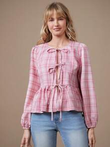 WESTFADE Western Cowgirl Plaid Tie Front Long Sleeve Ruffle Peplum Bow Top Spring Break Nashville