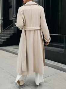 EURMUSE Women Oversize Pocket Long Sleeve Neck Button Maxi Long Elegant Overcoat Office Beige Fall - Beige - View 3