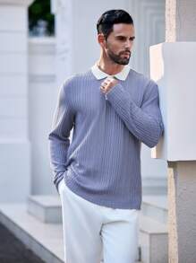 Manfinity Homme Men's Casual Minimalist Colorblock Button Half Placket Ribbed Polo Shirt, Autumn, Button Up Long Sleeve Office Polo Shirt - Grey - View 5