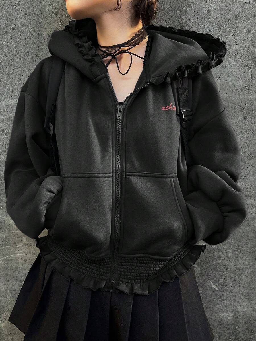 FRIFUL Sudadera con capucha y volantes de ajuste holgado para mujer, para otoño e invierno - Negro - Ver 1