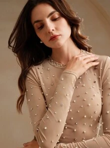 Anewsta Áo dài tay voan mỏng đính ngọc trai thanh lịch dành cho nữ, kiểu dáng đa năng phù hợp cho Giáng sinh, Lễ Tạ ơn, tiệc năm mới. - Màu Khaki - Xem 8