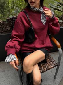 DAZY 格子蝴蝶结领宽松长袖保暖内衬女式圆领卫衣，秋季女装嘉年华 - 酒紅色 - 查看 6